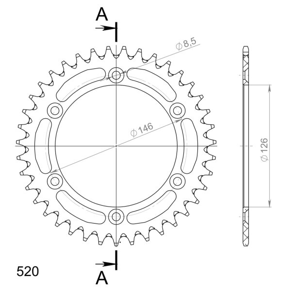 Supersprox Alu-Kettenrad 520 - 39Z (gold) RAL-808:39-GLD|ID 126,0 LK 146,0 6-Loch