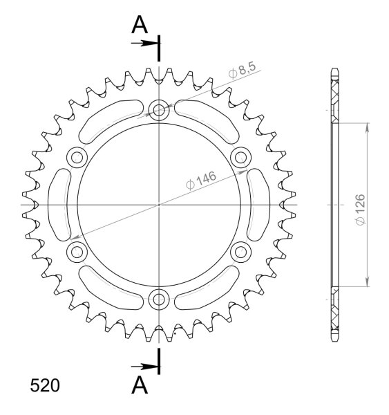 Supersprox Alu-Kettenrad 520 - 40Z (gold) RAL-808:40-GLD|ID 126,0 LK 146,0 6-Loch