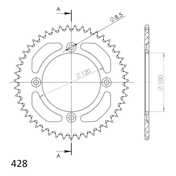 Supersprox Alu-Kettenrad 428 - 47Z (silber) RAL-998:47-SLV|ID 100,0 LK 120,0 4-Loch