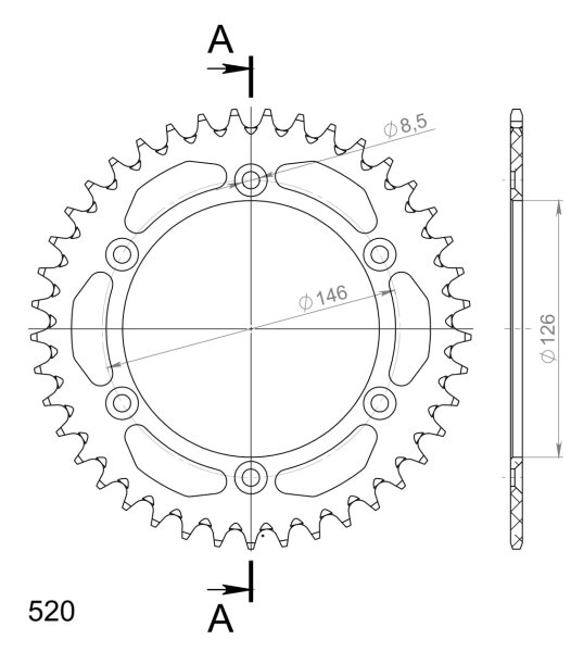 Supersprox Alu-Kettenrad 520 - 41Z (gold) RAL-808:41-GLD|ID 126,0 LK 146,0 6-Loch