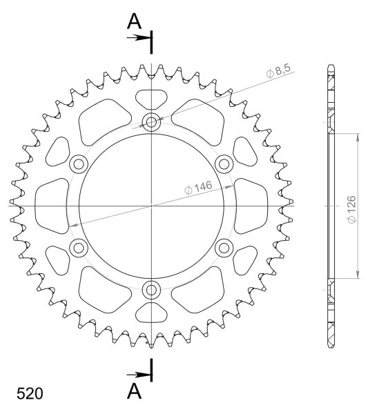 Supersprox Alu-Kettenrad 520 - 47Z (gold) RAL-808:47-GLD|ID 126,0 LK 146,0 6-Loch