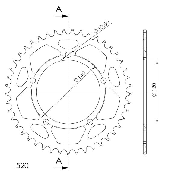 Supersprox Alu-Kettenrad 520 - 46Z (rot) RAL-1793:46-REDID 120,0 LK 140,0 5-Loch