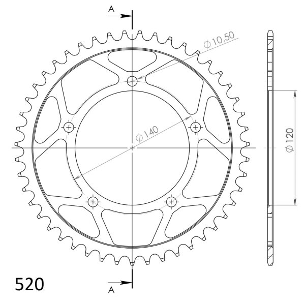 Supersprox Alu-Kettenrad 520 - 47Z (gold) RAL-1793:47-GLDID 120,0 LK 140,0 5-Loch