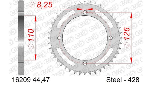 DC AFAM Stahl-Kettenrad 428 - 47Z (Silber) 16209-47| ID 110 LK 126 4-Loch