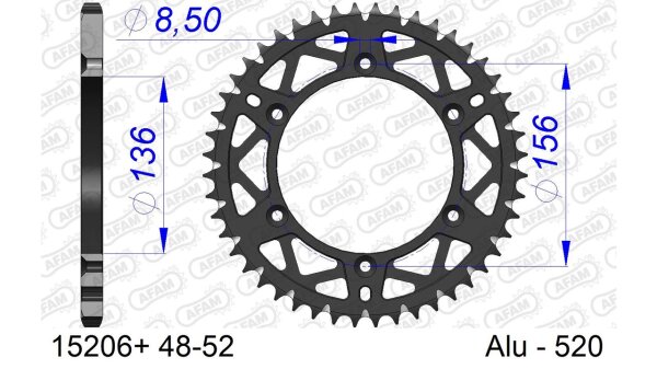 DC AFAM Alu-Kettenrad 520 - 52Z (Gun Metal) 15206+52 | ID 136 LK 156 6-Loch mit Schlammnut