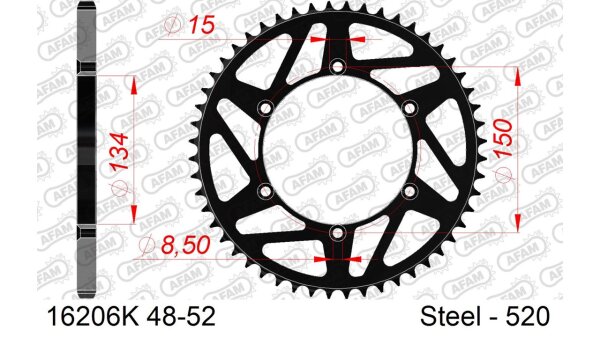 DC AFAM MX Stahl-Kettenrad 520 - 50Z (Schwarz) 16206K-50| ID 134 LK 150 6-Loch