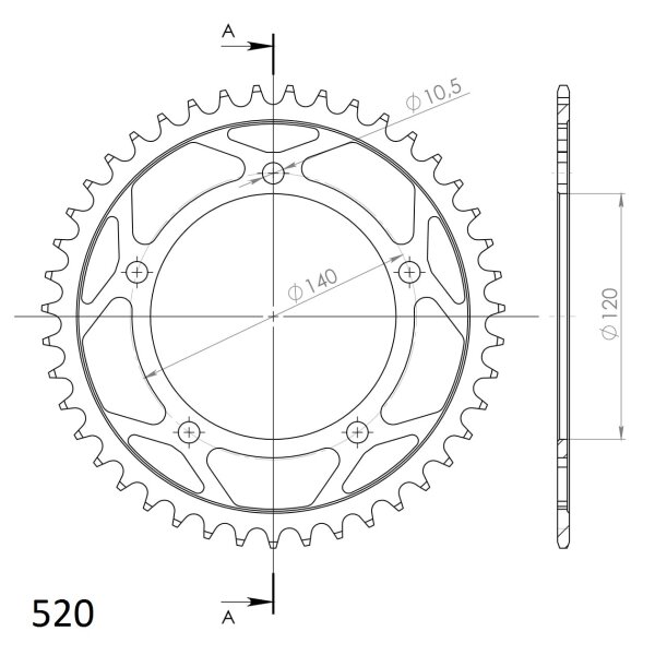 Supersprox Alu-Kettenrad 520 - 43Z (gold) RAL-1793:43-GLDID 120,0 LK 140,0 5-Loch