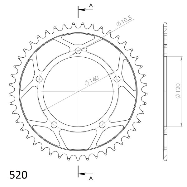 Supersprox Alu-Kettenrad 520 - 45Z (silber) RAL-1793:45-SLVID 120,0 LK 140,0 5-Loch