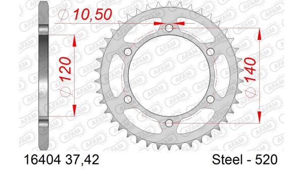 DC AFAM Stahl-Kettenrad 520 - 37Z (Silber) 16404-37| ID 120 LK 140 6-Loch