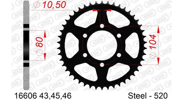 DC AFAM Stahl-Kettenrad 520 - 43Z (Schwarz) 16606-43| ID 80 LK 104 6-Loch