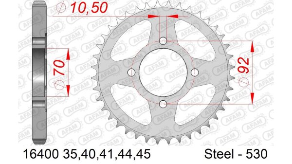 DC AFAM Stahl-Kettenrad 530 - 44Z (Silber) 16400-44| ID 70 LK 92 4-Loch