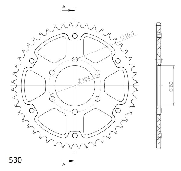 Supersprox Stealth-Kettenrad 530 - 44Z (silber) RST-488:44-SLV|ID 80,0 LK 104,0 6-Loch