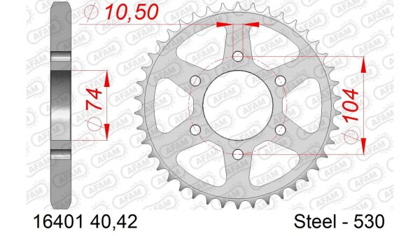 DC AFAM Stahl-Kettenrad 530 - 42Z (Silber) 16401-42| ID 74 LK 104 6-Loch