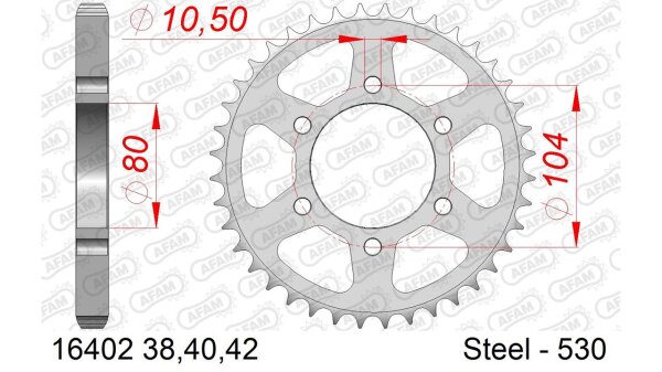 DC AFAM Stahl-Kettenrad 530 - 38Z (Silber) 16402-38| ID 80 LK 104 6-Loch