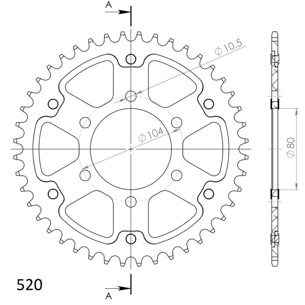 Supersprox Stealth-Kettenrad 520 - 44Z (silber) RST-478:44-SLV|ID 80,0 LK 104,0 6-Loch