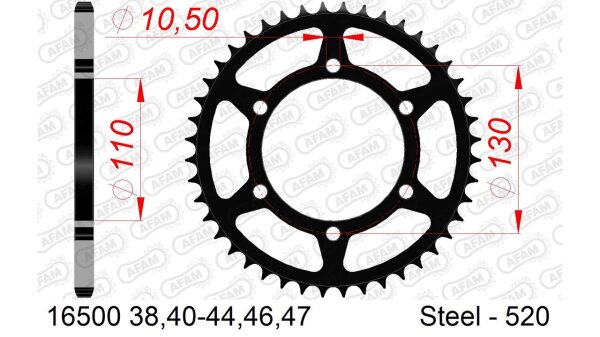 DC AFAM Stahl-Kettenrad 520 - 47Z (Schwarz) 16500-47| ID 110 LK 130 6-Loch