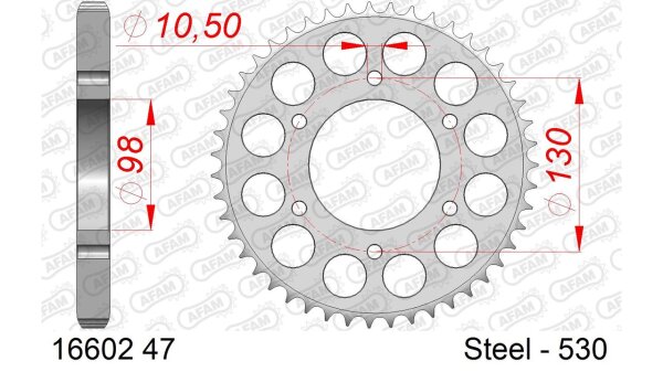 DC AFAM Stahl-Kettenrad 530 - 47Z (Silber) 16602-47| ID 98 LK 130 6-Loch