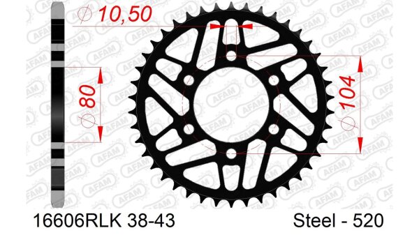 DC AFAM Racing Stahl-Kettenrad 520 - 38Z (Schwarz) 16606RLK-38| ID 80 LK 104 6-Loch