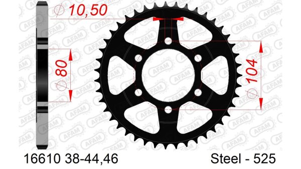 DC AFAM Stahl-Kettenrad 525 - 44Z (Schwarz) 16610-44| ID 80 LK 104 6-Loch