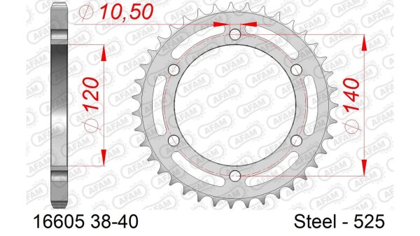 DC AFAM Stahl-Kettenrad 525 - 40Z (Silber) 16605-40| ID 120 LK 140 6-Loch