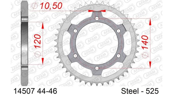 DC AFAM Stahl-Kettenrad 525 - 44Z (Silber) 14507-44| ID 120 LK 140 6-Loch