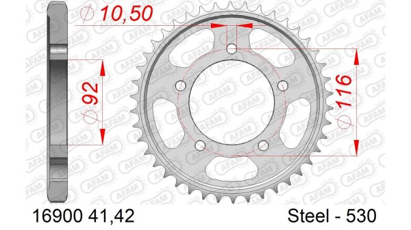 DC AFAM Stahl-Kettenrad 530 - 41Z (Silber) 16900-41| ID 92 LK 116 5-Loch