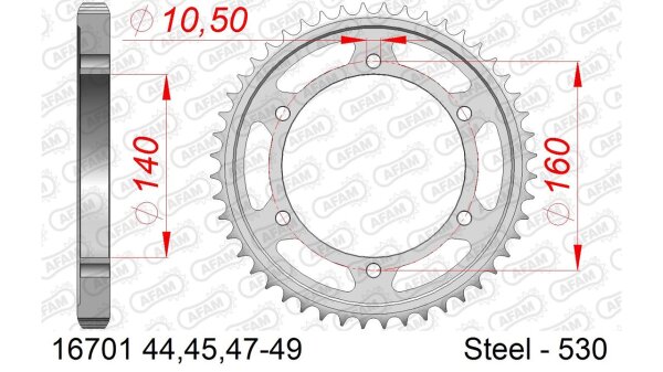 DC AFAM Stahl-Kettenrad 530 - 44Z (Silber) 16701-44| ID 140 LK 160 6-Loch