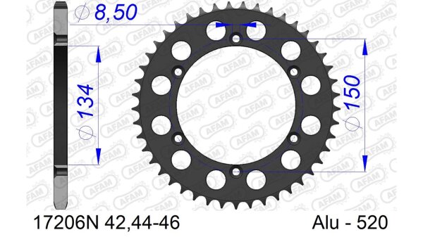 DC AFAM Alu-Kettenrad 520 - 44Z (Gun Metal) 17206N-44 | ID 134 LK 150 6-Loch