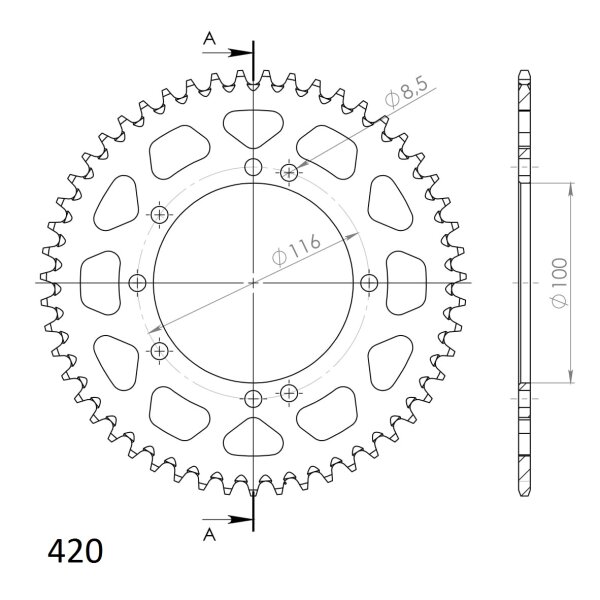 Supersprox Alu-Kettenrad 420 - 51Z (silber) RAL-457:51-SLV|ID 100,0 LK 116,0 4-Loch