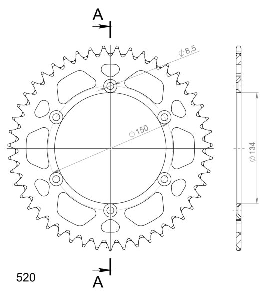 Supersprox Alu-Kettenrad 520 - 47Z (silber) RAL-460:47-SLV|ID 134,0 LK 150,0 6-Loch/6-Loch