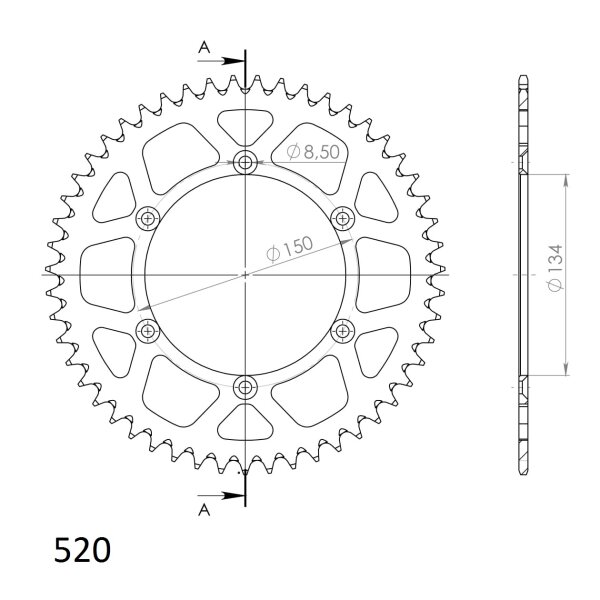 Supersprox Alu-Kettenrad 520 - 48Z (silber) RAL-460:48-SLV|ID 134,0 LK 150,0 6-Loch/6-Loch