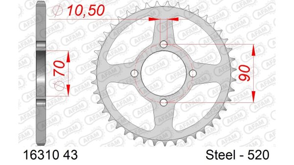 DC AFAM Stahl-Kettenrad 520 - 43Z (Silber) 16310-43| ID 70 LK 90 4-Loch