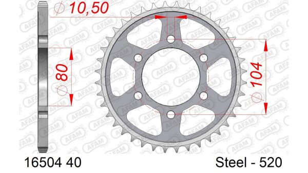 DC AFAM Stahl-Kettenrad 520 - 40Z (Silber) 16504-40| ID 80 LK 104 6-Loch