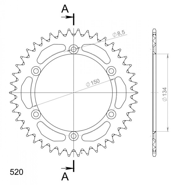 Supersprox Alu-Kettenrad 520 - 43Z (blau) RAL-460:43-BLU|ID 134,0 LK 150,0 6-Loch/6-Loch