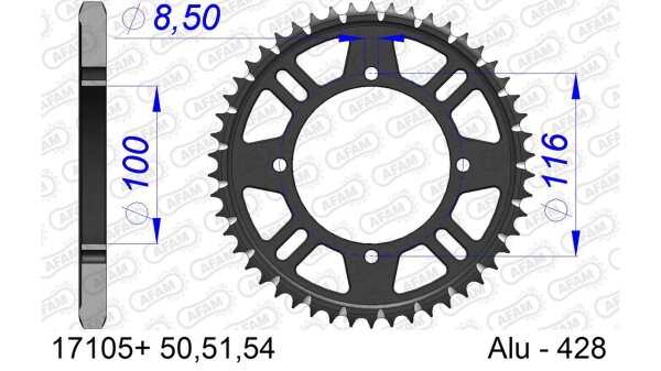 DC AFAM Alu-Kettenrad 428 - 51Z (Gun Metal) 17105+51 | ID 100 LK 116 4-Loch mit Schlammnut