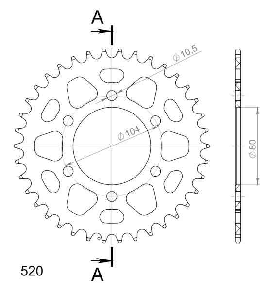 Supersprox Alu-Kettenrad 520 - 38Z (gold) RAL-478:38-GLD|ID 80,0 LK 104,0 6-Loch