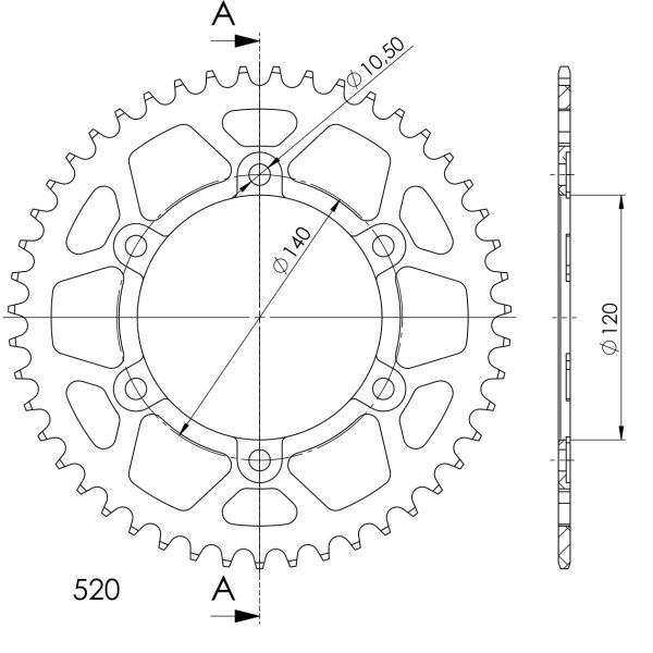 Supersprox Alu-Kettenrad 520 - 41Z (gold) RAL-1490:41-GLD|ID 120,0 LK 140,0 6-Loch/6-Loch