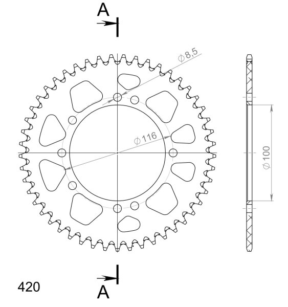 Supersprox Alu-Kettenrad 420 - 49Z (silber) RAL-457:49-SLV|ID 100,0 LK 116,0 4-Loch