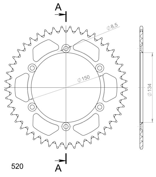 Supersprox Alu-Kettenrad 520 - 45Z (blau) RAL-460:45-BLU|ID 134,0 LK 150,0 6-Loch/6-Loch