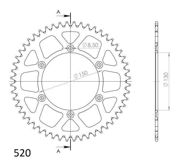 Supersprox Alu-Kettenrad 520 - 52Z (silber) RAL-245:52-SLV|ID 130,0 LK 150,0 6-Loch