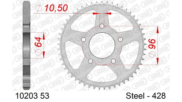 DC AFAM Stahl-Kettenrad 428 - 53Z (Silber) 10203-53| ID 64 LK 96 5-Loch