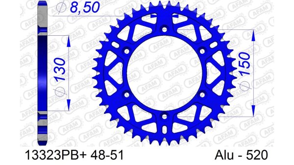 DC AFAM Alu-Kettenrad 520 - 49Z (Blau) 13323PB+49 | ID 130 LK 150 6-Loch mit Schlammnut