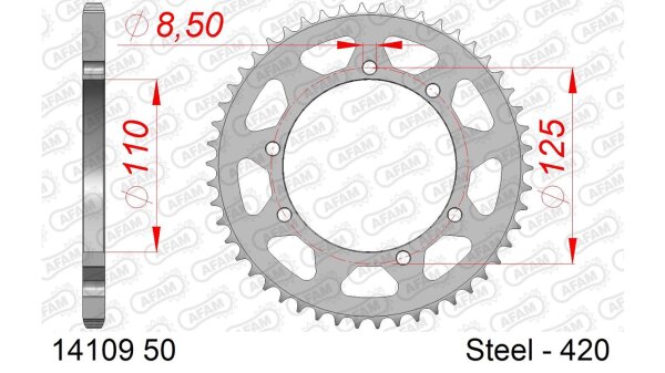 DC AFAM Stahl-Kettenrad 420 - 50Z (Silber) 14109-50| ID 110 LK 125 6-Loch