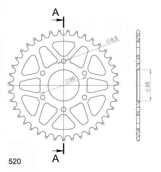 Supersprox Alu-Kettenrad 520 - 36Z (silber) RAL-812:36-SLV|ID 58,0 LK 90,0 6-Loch