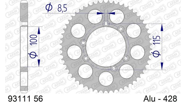 DC AFAM Alu-Kettenrad 428 - 56Z (Silber) 93111-56 | ID 100 LK 115 6-Loch