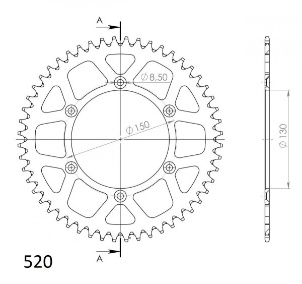 Supersprox Alu-Kettenrad 520 - 53Z (rot) RAL-245:53-RED|ID 130,0 LK 150,0 6-Loch