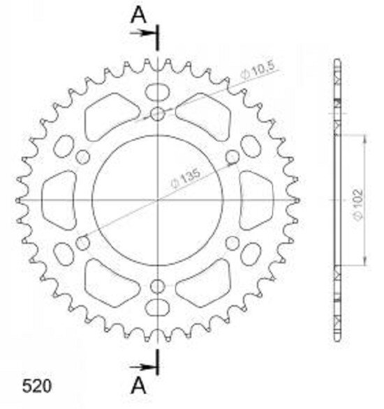 Supersprox Alu-Kettenrad 520 - 42Z (rot) RAL-401:42-RED|ID 102,0 LK 135,0 6-Loch