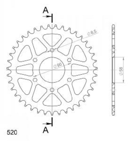 Supersprox Alu-Kettenrad 520 - 39Z (silber) RAL-812:39-SLV|ID 58,0 LK 90,0 6-Loch