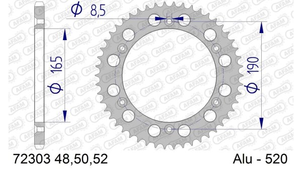 DC AFAM Alu-Kettenrad 520 - 52Z (Silber) 72303-52 | ID 165 LK 190 6-Loch