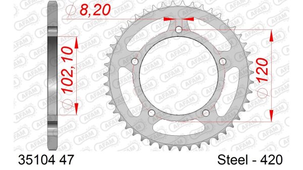 DC AFAM Stahl-Kettenrad 420 - 47Z (Silber) 35104-47| ID 102,1 LK 120 5-Loch